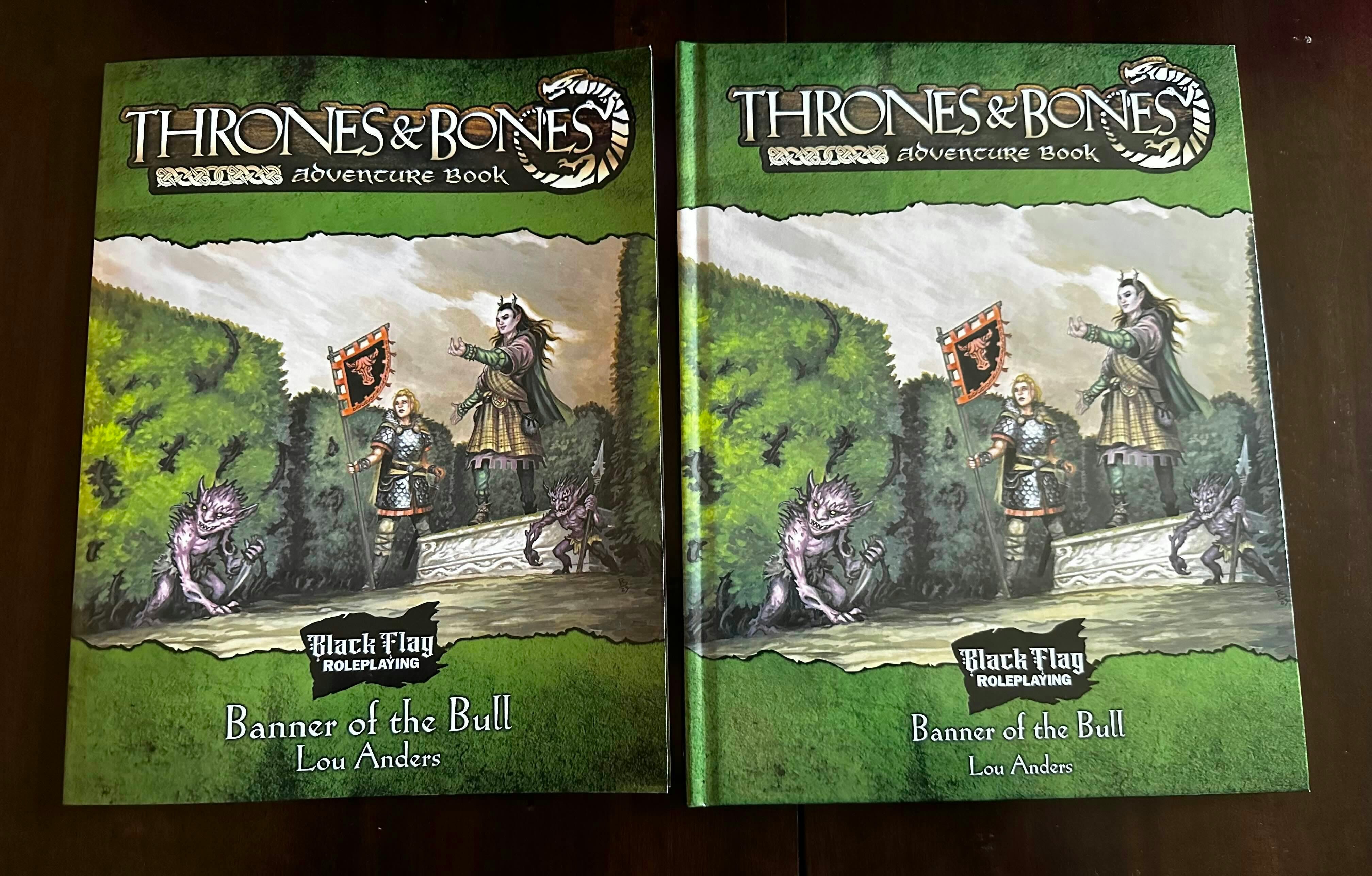 A Norse-attired soldier stands beside a strange fey, while thorn-encrusted goblins emerge from the foliage. Soft and hardcover print editions are show.