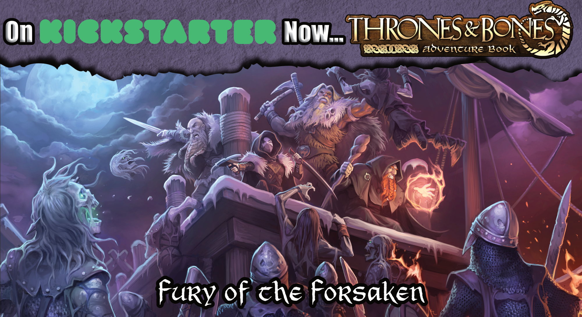Undead crawling from the water to assault heroes on a pier. "On Kickstarter Now..."