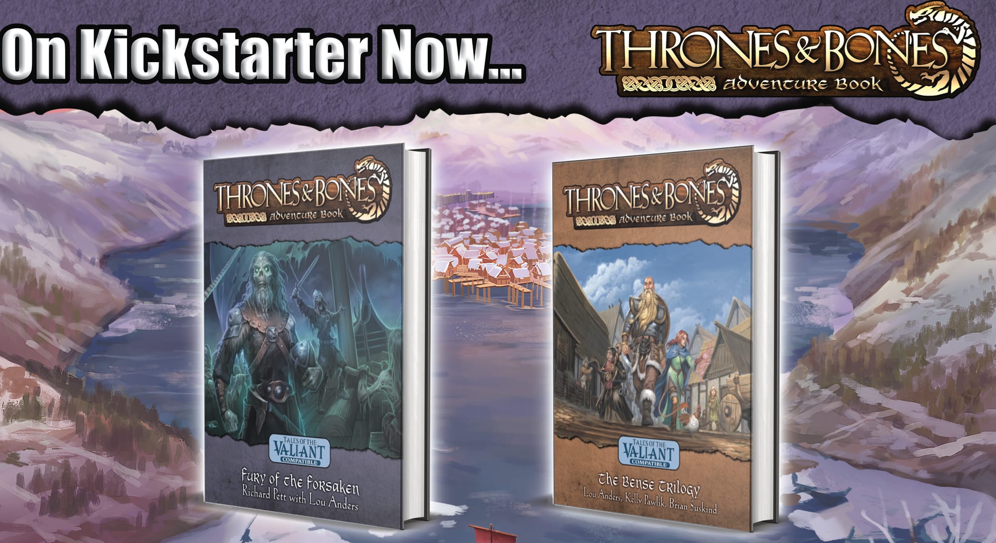 Two books over a fjord. "On Kickstarter Now..."