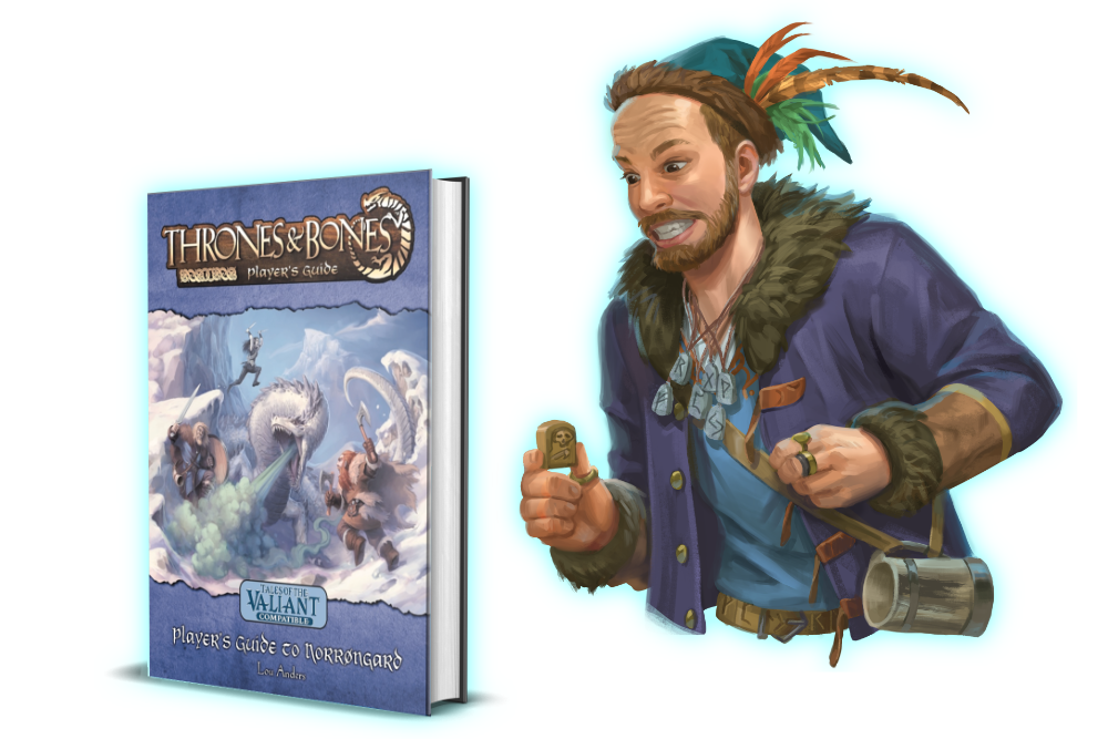 A book cover and an NPC holding a game piece