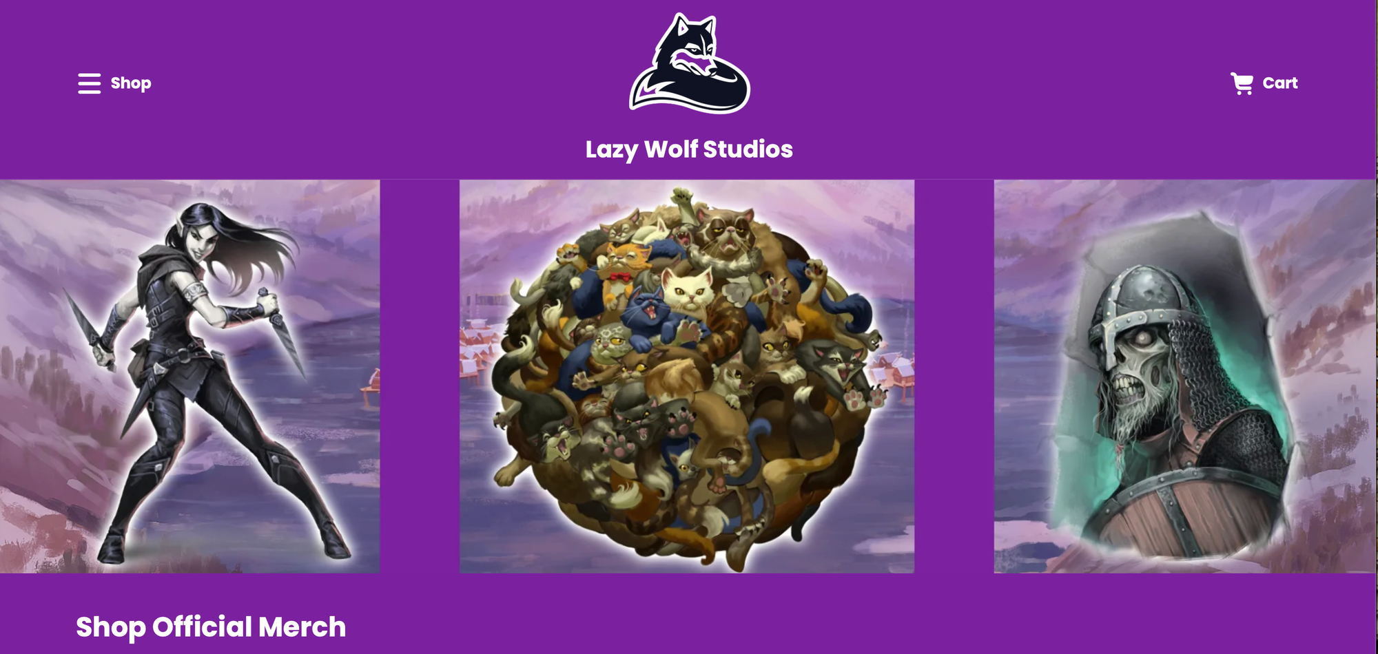 A purple field, three images - a dark elf (Svartálfar), a ball of hundreds of cats, and a draugr warrior.