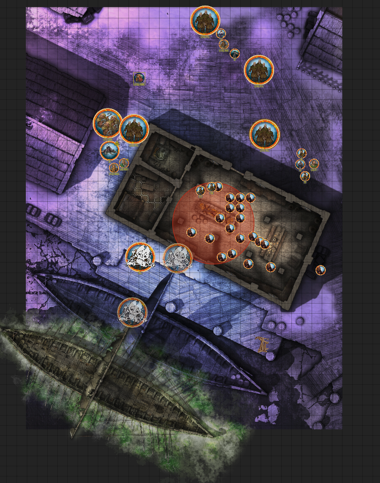 A ghost longship moored alongside an actual longship, at a dock beside a longhouse, where numerous forces battle.