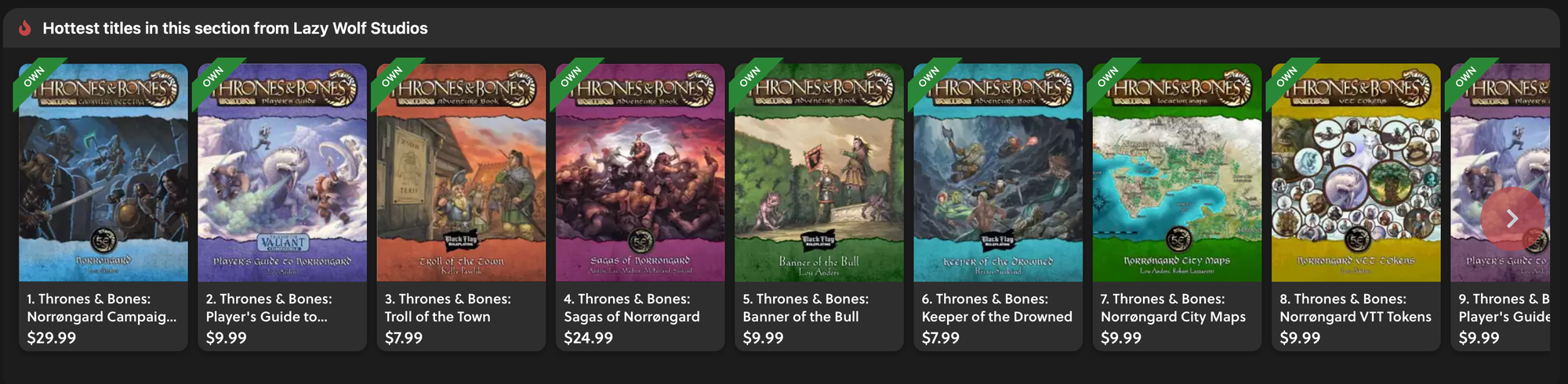A list of cover thumbnails as displayed on DriveThruRPG