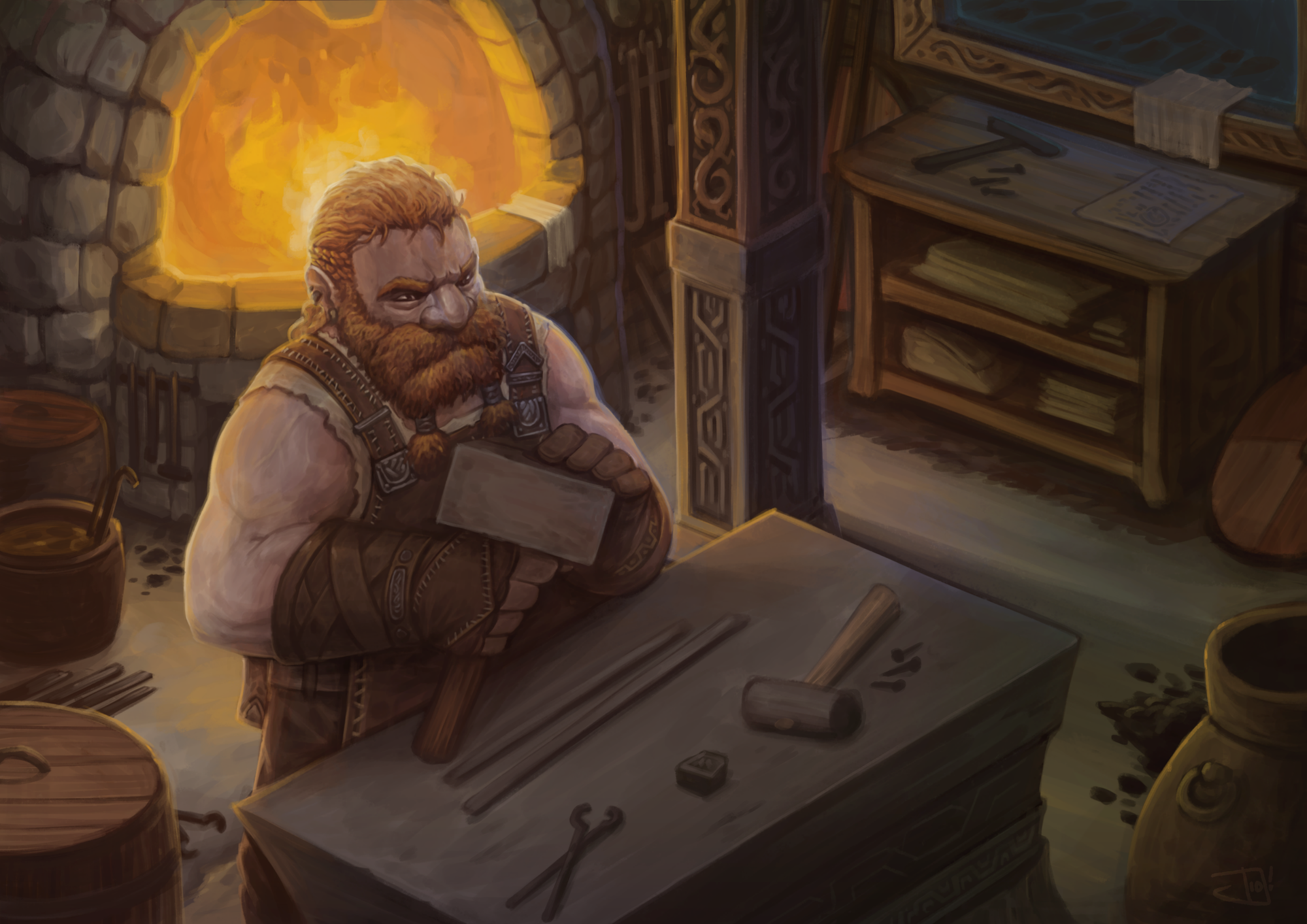 A dwarf works in his blacksmith shop, backed by a fiery forge.