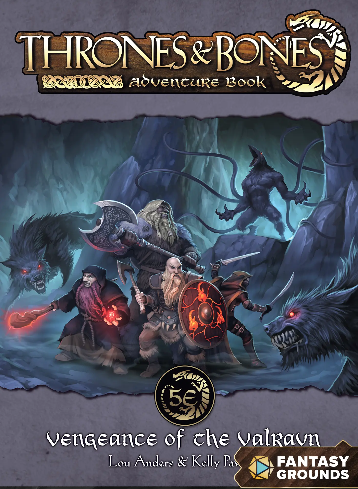 Cover showing a group of Nordic heroes fighting two evil wolves and a wolf-raven hybrid.