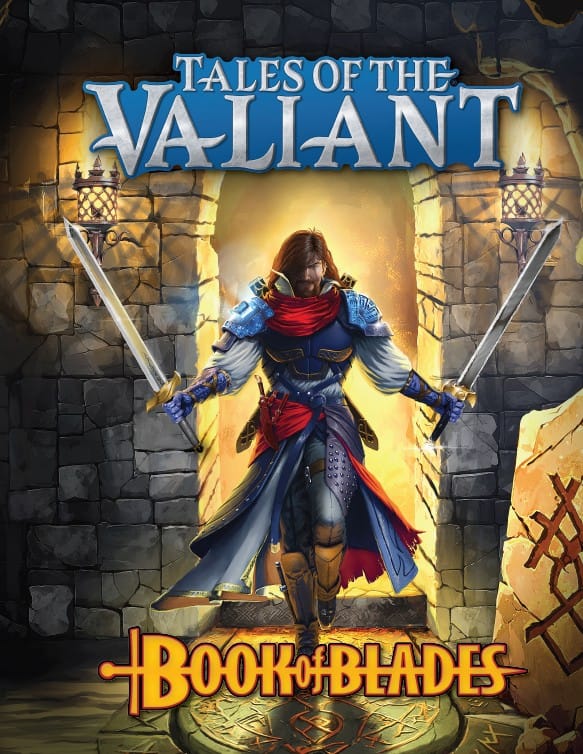 A fighter in armor, wielding two swords, steps into a room in a castle or dungeon.