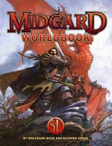 A human and a dwarf atop a ridge, a red dragon behind them..
