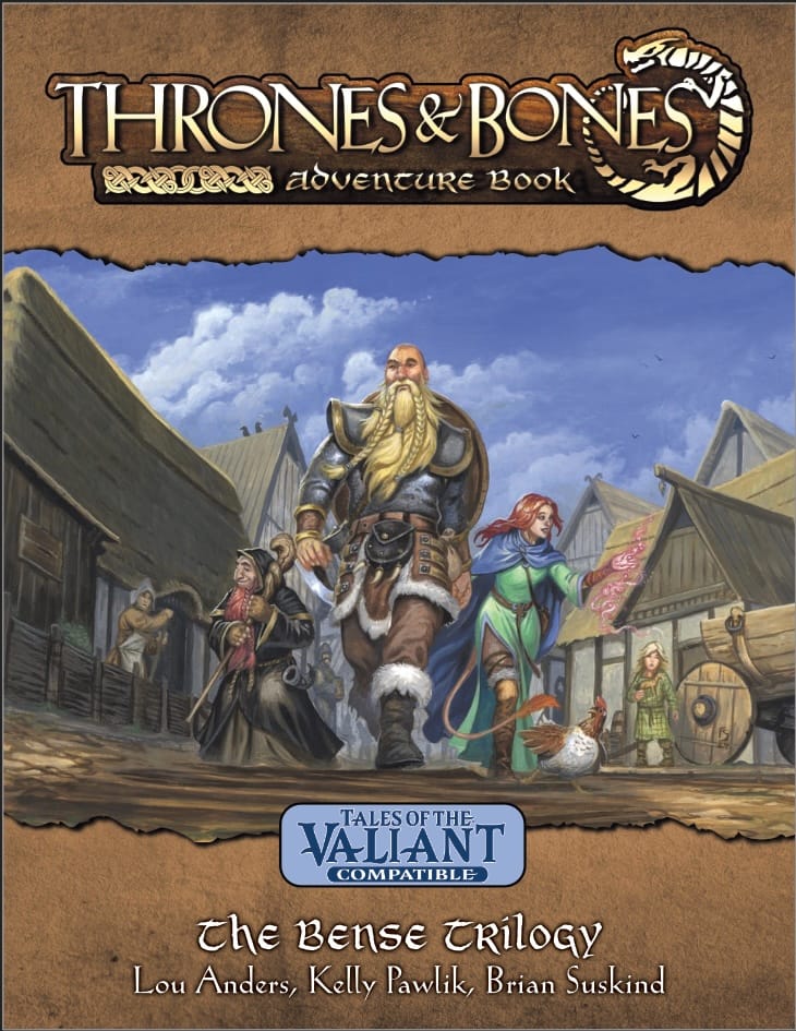 Cover of The Bense Trilogy, showing three Nordic heroes walking through a Scandinavian town under a blue sky.