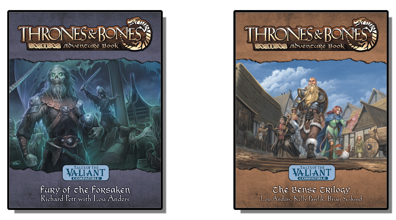 Cover images for both books. One is grey/blue showing draugar on a longship, the other is brown, showing a team of Nordic heroes marking down wood planked streets in a Nordic town.