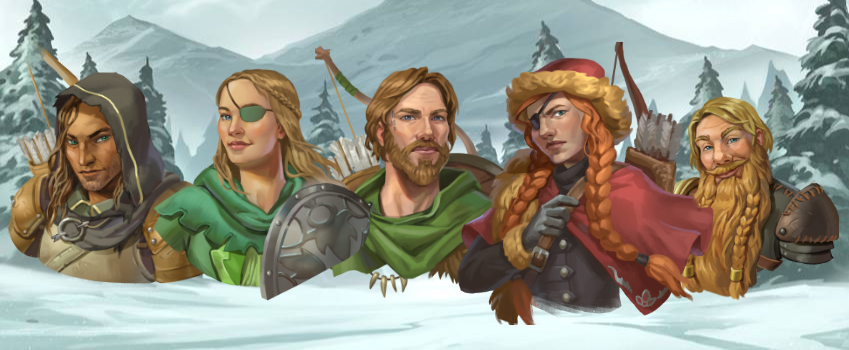 Five Nordic Heroes against a snowy field.