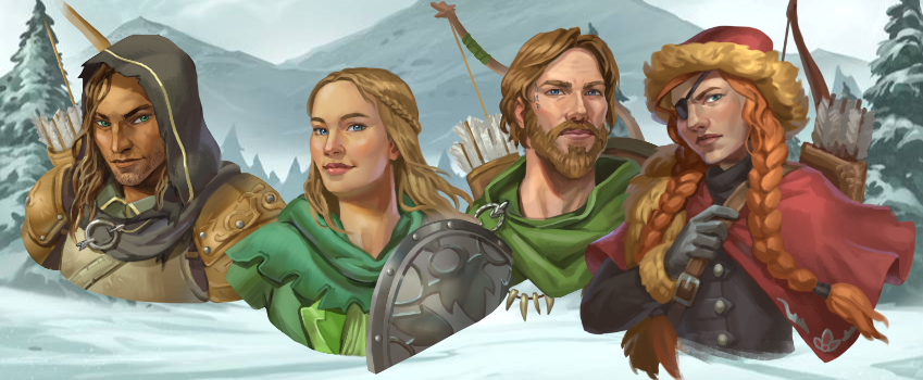Four character busts against a snowy field