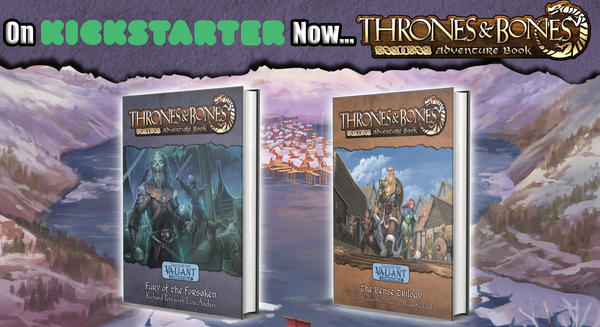 Two hardcover books superimposed on a lake town in a fjord. "On Kickstarter Now..."
