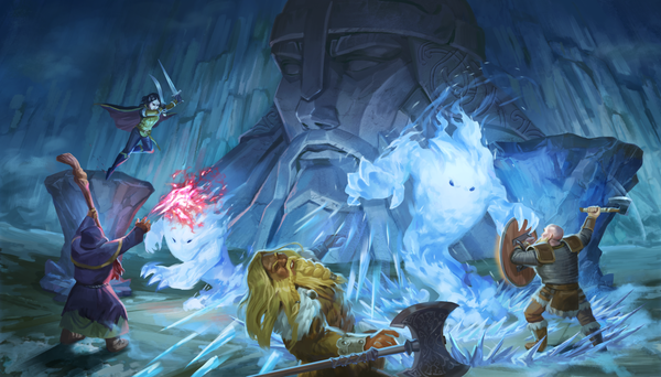 Nordic heroes fight cold fire elementals in a ice cavern before a giant carved face.