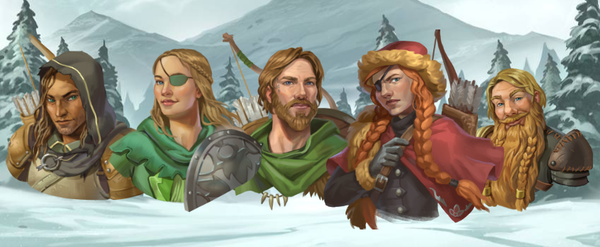 Five Nordic Heroes against a snowy field.