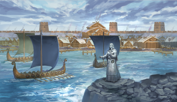 A view of the harbor, as longships approach a Norse-style city on the shore, a statue stands on a breakwater in the front, right foreground.