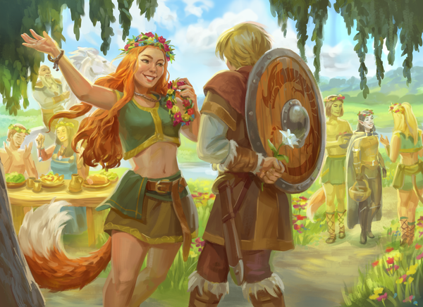 A female hulldra (woman with a fox tail) offers a laurel to a young boy who hides flowers behind his back. Party goers in the background in this outdoor scene.