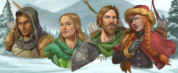 Four Scandinavian character busts against a snowy backdrop.